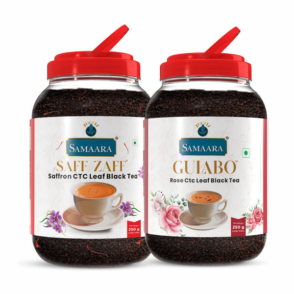Jivvij Samaara Premium Gulabo Rose Tea with Saffron Kesar Jar | CTC Black Leaf Tea | Mamari Chai | Strong Exotic Natural Flavor Tea | 250gm/Jar