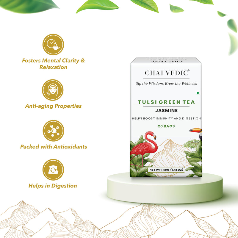 Chai Vedic Tea | Tulsi Herbal Infusion Green Tea Jasmine | 20 Tea Bags
