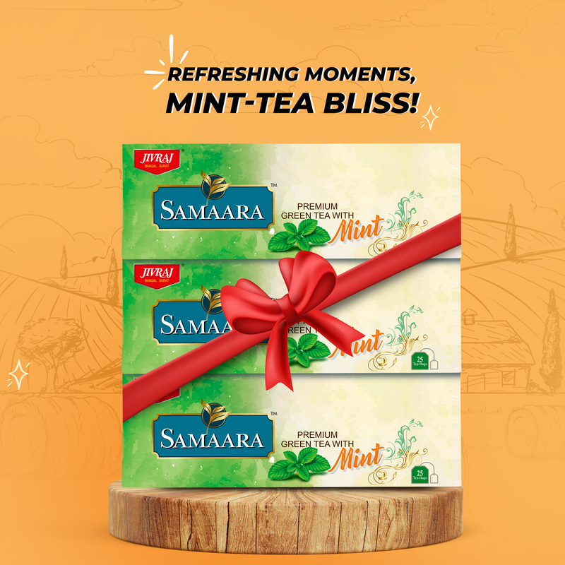 Jivraj Samaara Natural Mint Flavour Premium Green Tea Bags Box | Refreshing Rich Taste of Assam Tea | Helps in Metabolism | Pack of 3 - 25 Tea Bags/Pack