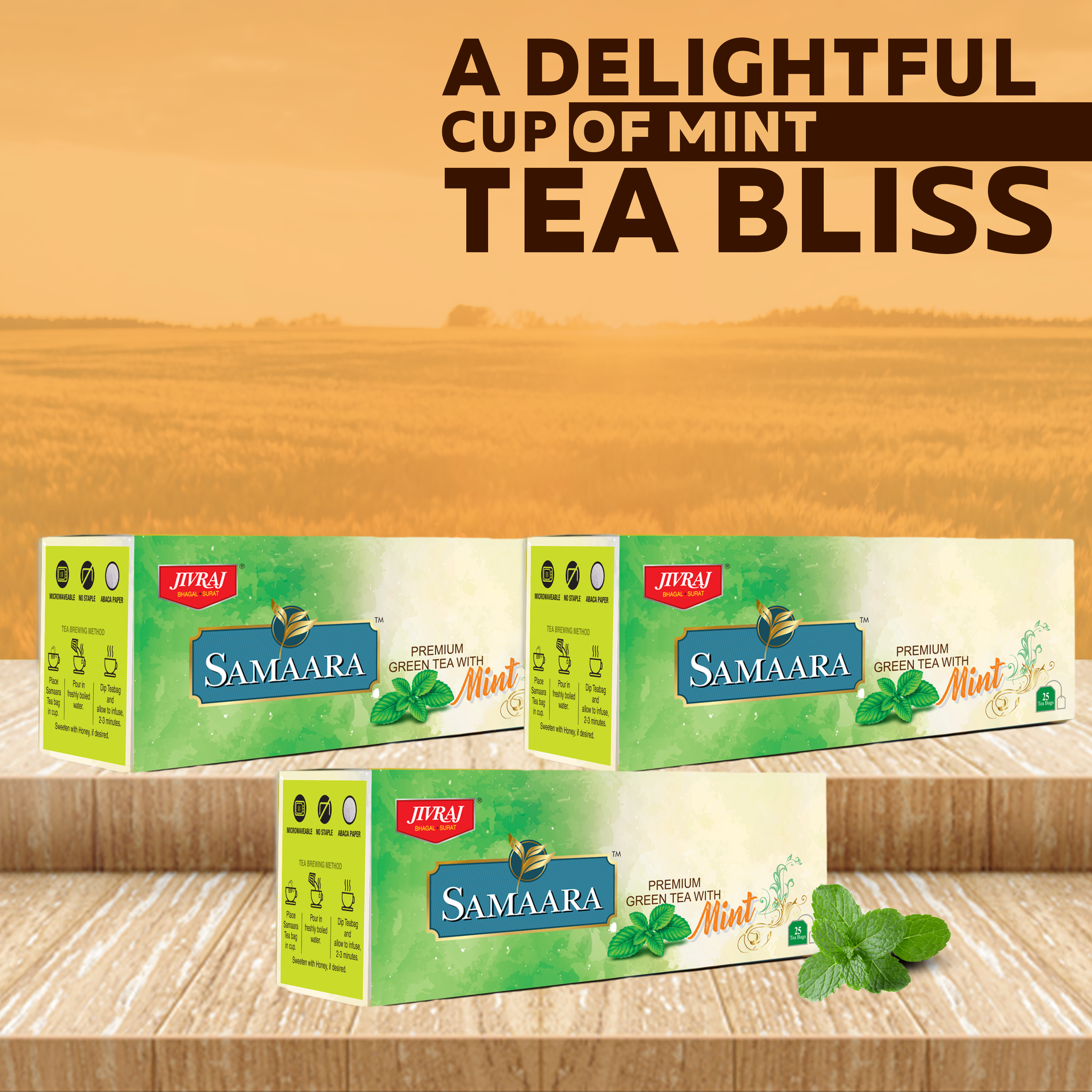 JIVVIJ SAMAARA Natural Mint Flavour Premium Green Tea Bags Box | Refreshing Rich Test of Assam Tea | Helps in Metabolism Pack of 3-25 Tea Bags Each