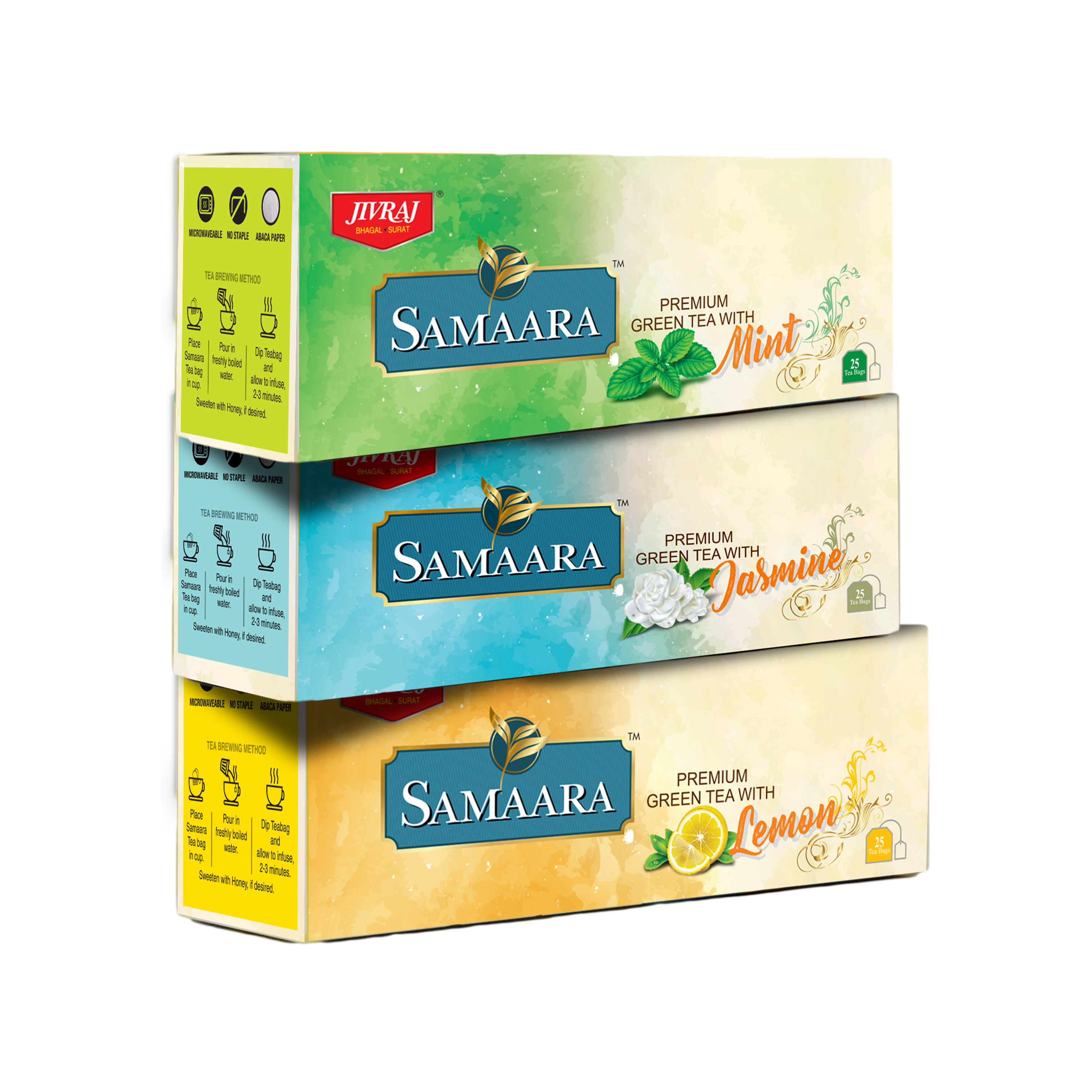 Jivvij Samaara Green Tea | Premium Green Tea Bags Combo | Natural Lemon Jasmine Mint Flavors | Mix Green Tea Flavours | Combo Pack | Refreshing Taste Helps in Relaxing 25 Tea Bags Each pack