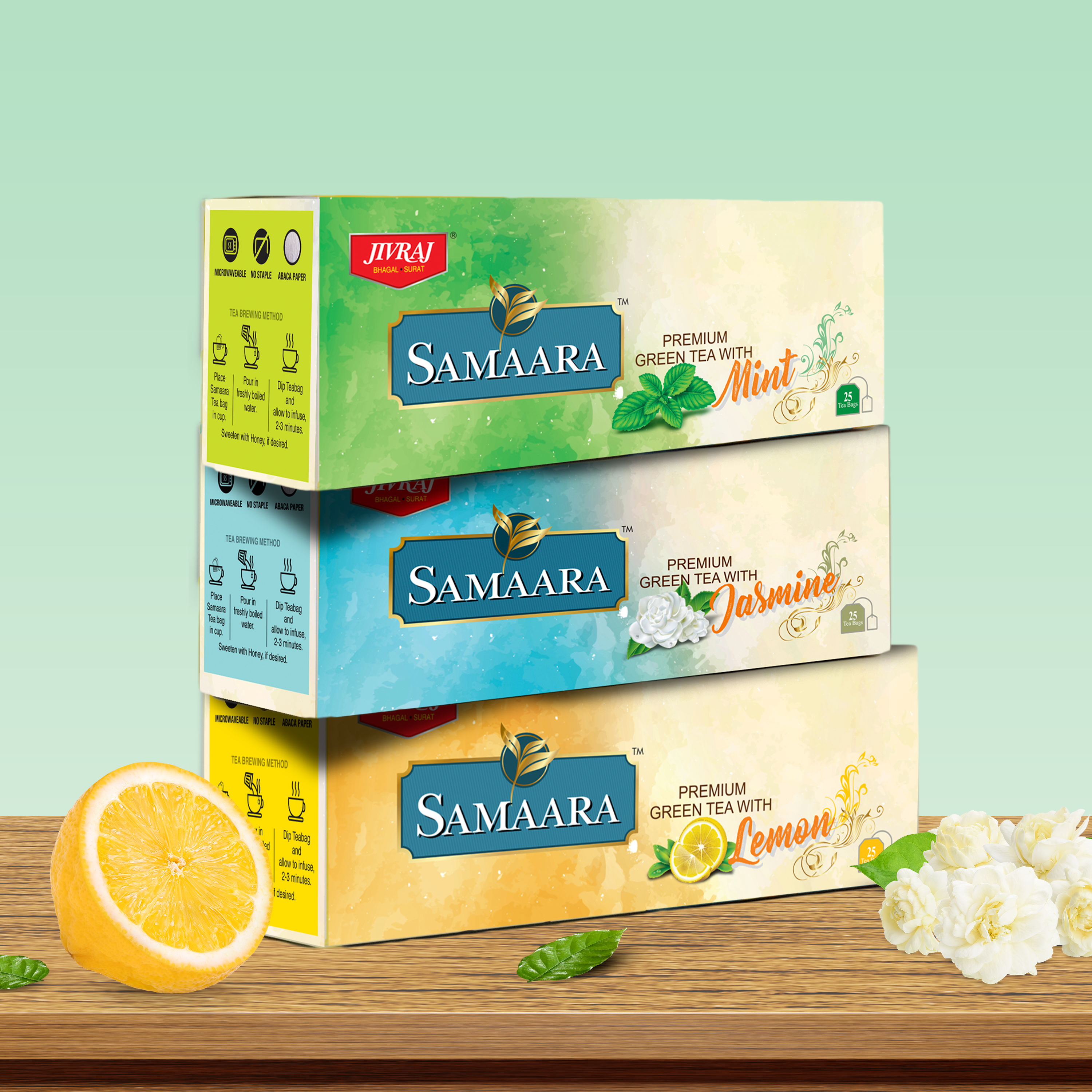 Jivvij Samaara Green Tea | Premium Green Tea Bags Combo | Natural Lemon Jasmine Mint Flavors | Mix Green Tea Flavours | Combo Pack | Refreshing Taste Helps in Relaxing 25 Tea Bags Each pack